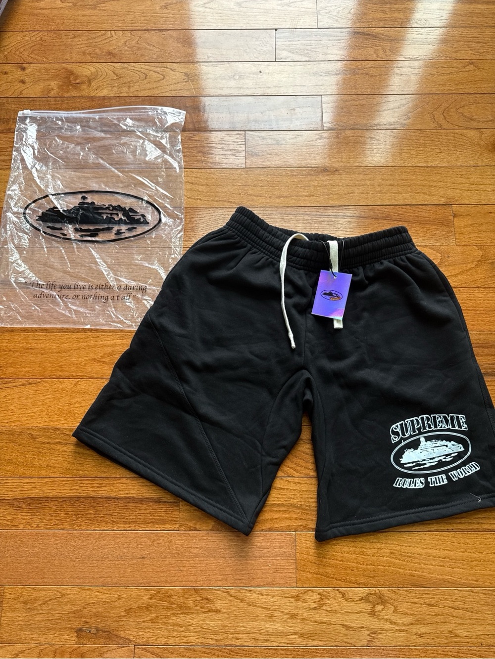 Supreme X Corteiz Collab Black Athletic Shorts with White Graphic
